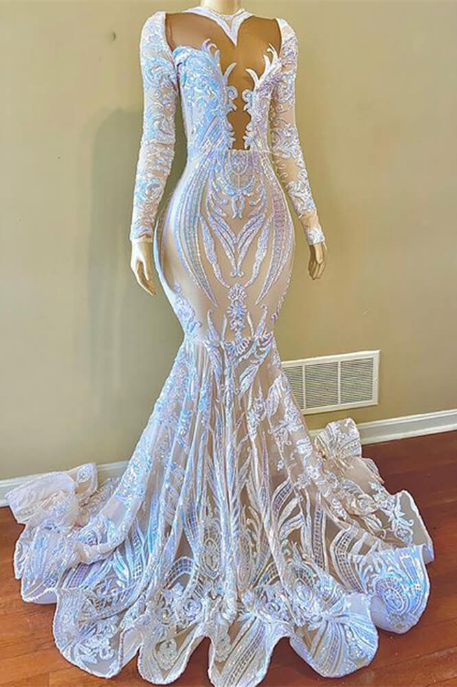 White Mermaid Prom Dress with Sequins Lace & Long Sleeves