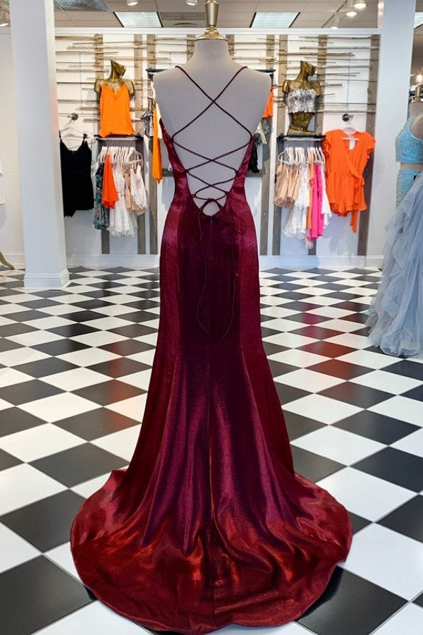 Burgundy Strapless Mermaid Evening Dress with Split Detail