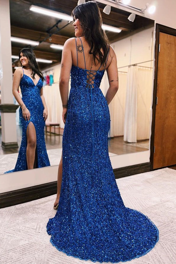V-Veck Sequin Mermaid Evening Dress with Tassel - Red and Blue for Party