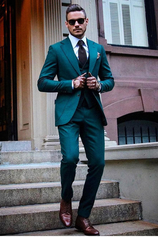 Green Notched Lapel Three-Piece Reception Suit for Groom