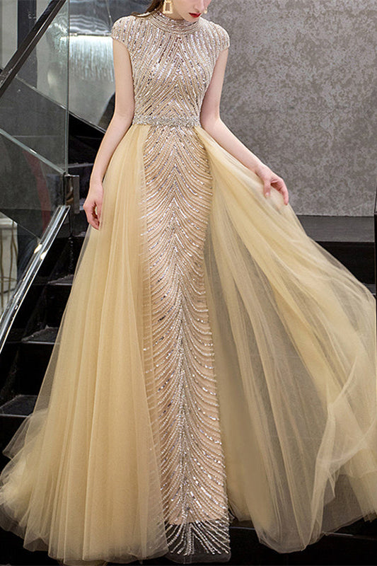 Glamorous Yellow Sequins Beadings Evening Dress With Long Ruffles High Collar Cap Sleeves
