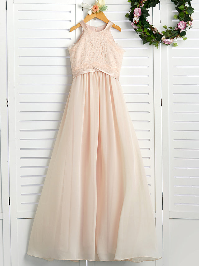 A-Line Junior Bridesmaid Dress with Chiffon Lace Sash & Ribbon