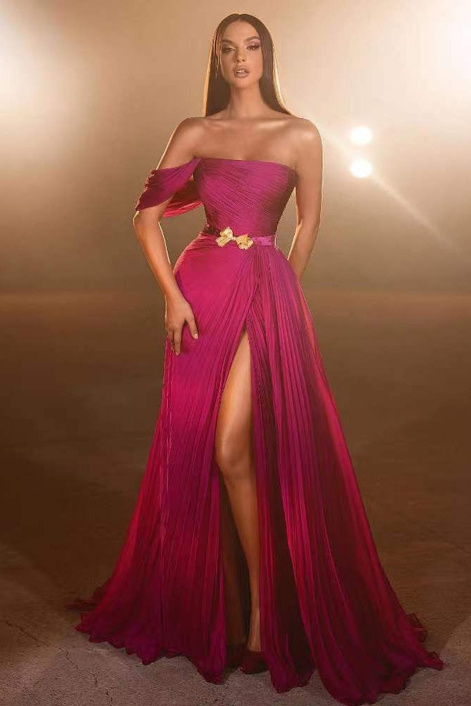 Pretty Fuchsia One Shoulder Prom Dress with Slit & Belt