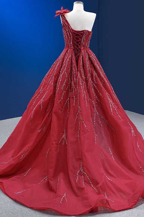 Red One Shoulder Mermaid Prom Dress With Ruffles and Flower Appliques