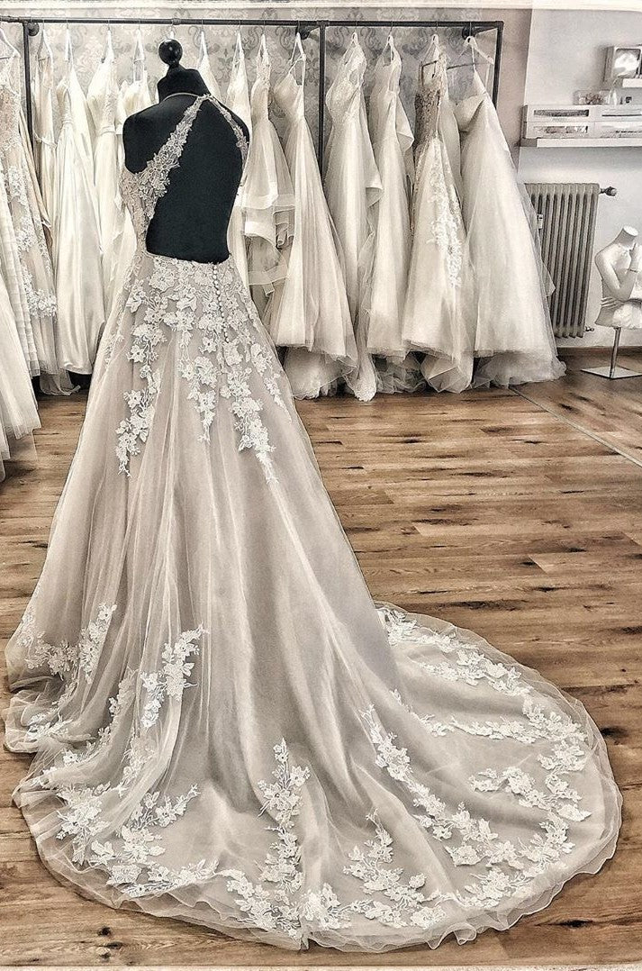 Elegant A-line Halter Wedding Dress with Tulle Ruffles & Appliques Lace Train