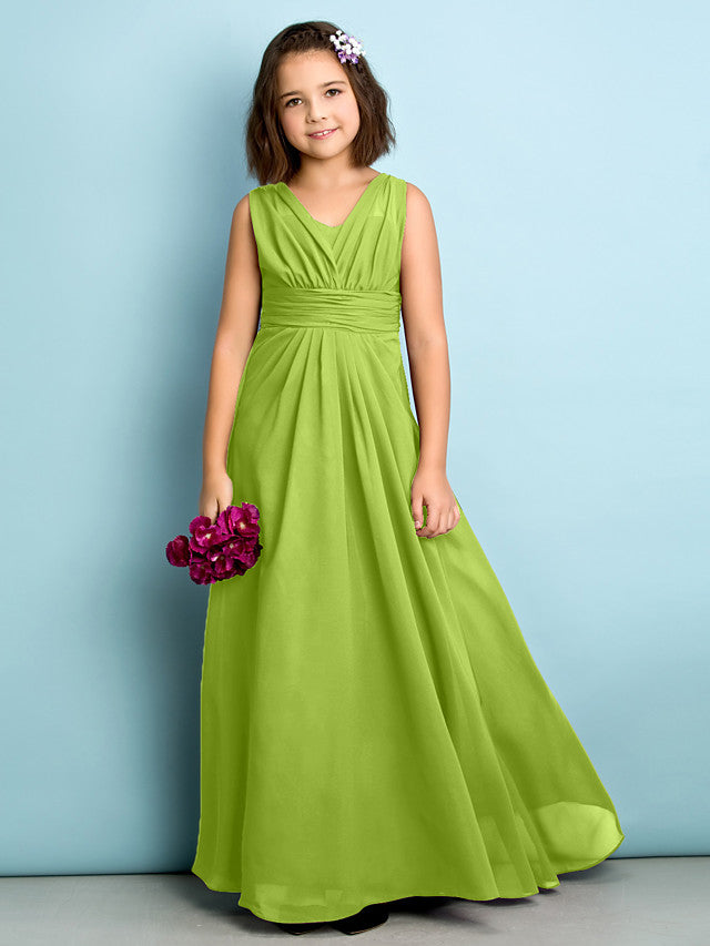 A-Line V Neck Chiffon Flower Girl Dress - Floor Length With Criss Cross Natural Mini Me