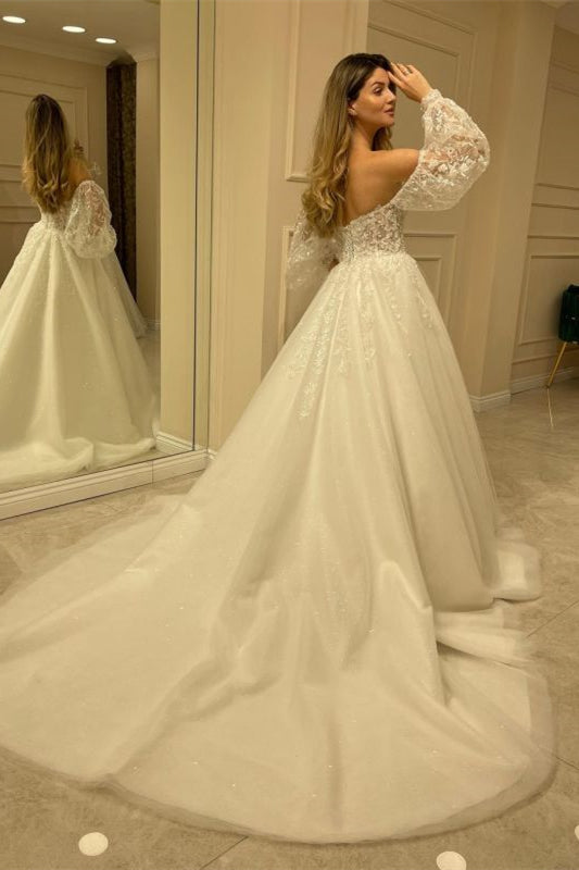 Lace Sweetheart Tulle Wedding Dress with Bubble Sleeves