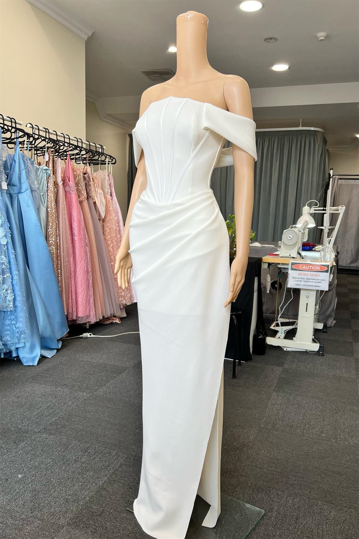 White Off-The-Shoulder Mermaid Slit Prom Dress With Pleated Detail