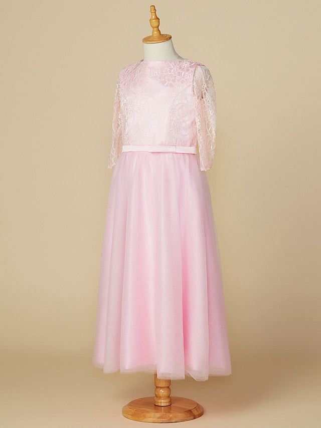 A-Line Jewel Neck Lace/Tulle Junior Bridesmaid Dress with Bow(s) for Wedding Party