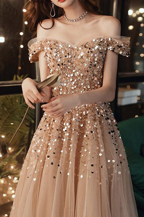 Elegant Off-The-Shoulder Sweetheart Sequins Long Evening Dress - Champagne