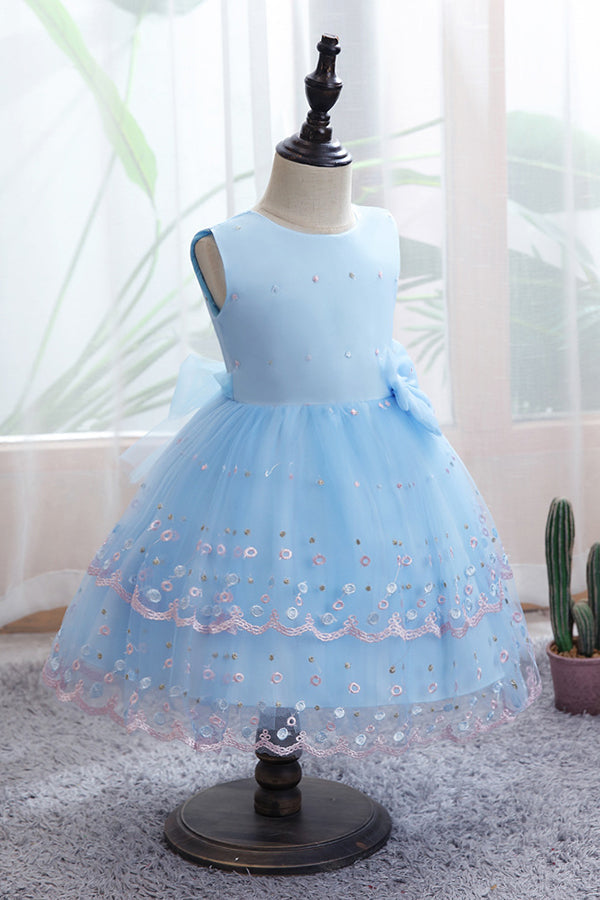 Chic Bow Scoop Sleeveless Tulle Flower Girl Dress Ball Gown for Weddings