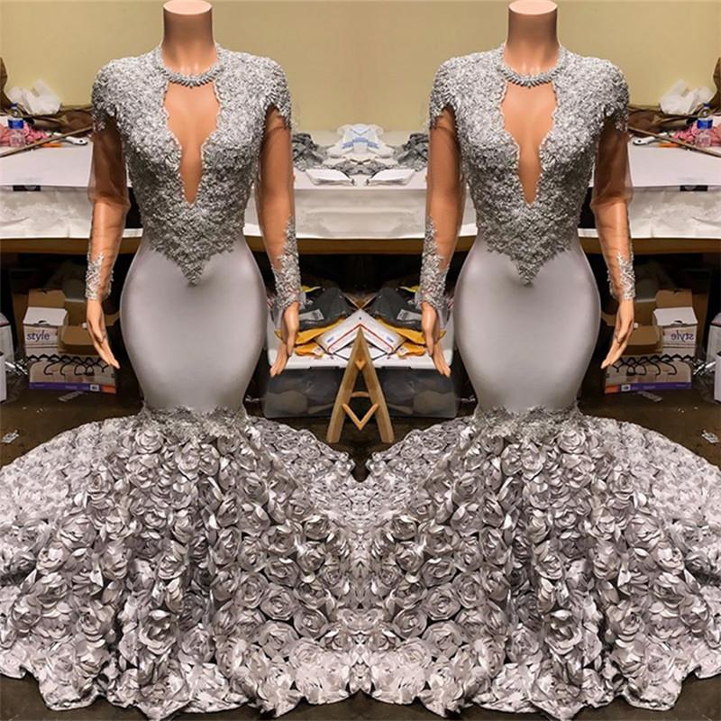 Elegant Mermaid V-Neck Prom Dress with Appliques and Flowers Bottom