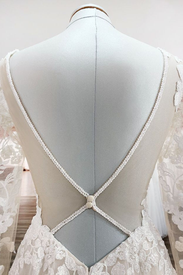 Ivory A-line Lace Open Back Wedding Dress with Tulle Appliques