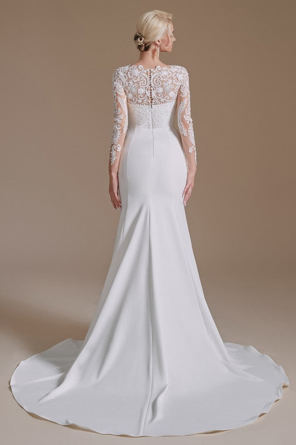 Elegant Jewel Satin Lace Long Mermaid Wedding Dress With Sleeves