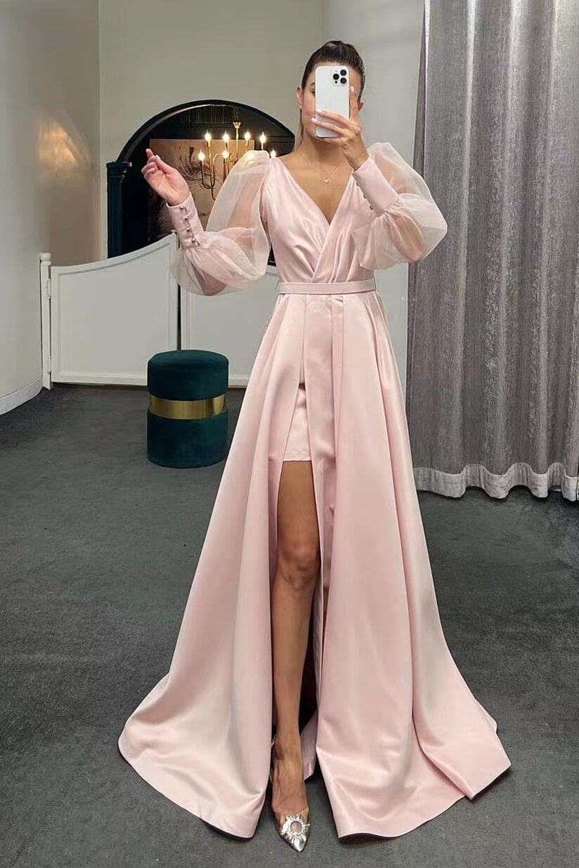 A-Line Long Puff Sleeves Slit Evening Dress