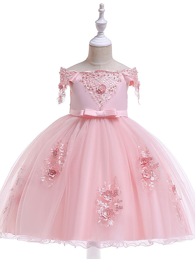 A-Line Short Sleeve Off Shoulder Flower Girl Dress with Petal Sash Ribbon Trim