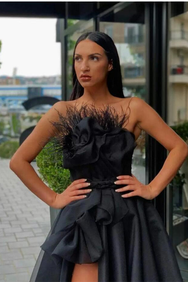Look Stunning in a Long Black Prom Dress Split with Feathers