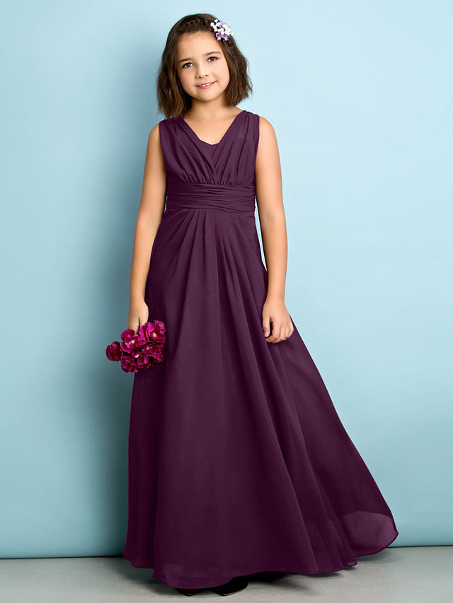 A-Line V Neck Chiffon Flower Girl Dress - Floor Length With Criss Cross Natural Mini Me