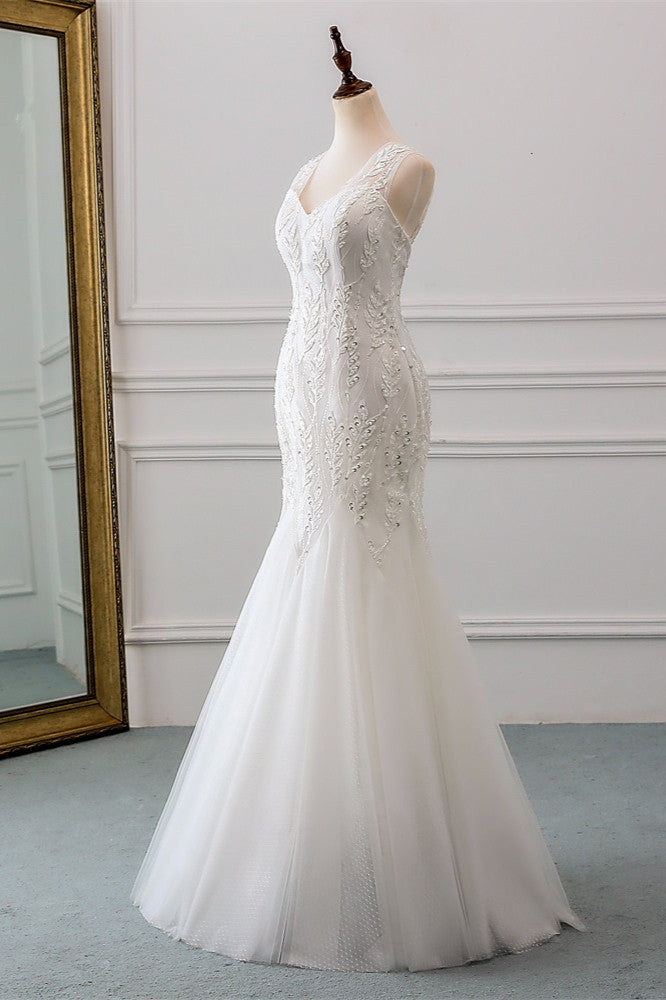 Stunning V-neck Tulle Long Mermaid Wedding Dress with Beadings