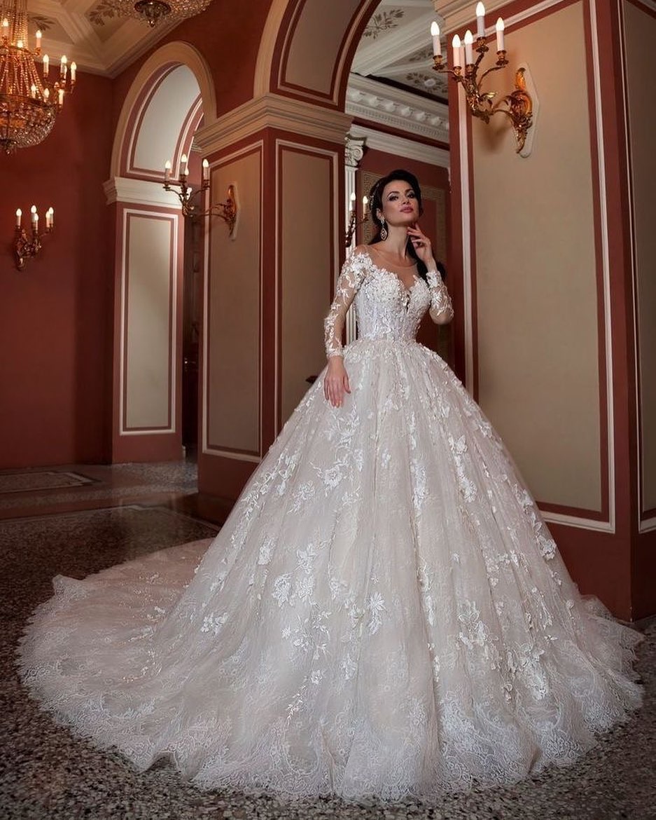 A-Line Long Sleeves Bateau Beading Train Wedding Dress with Appliques Lace