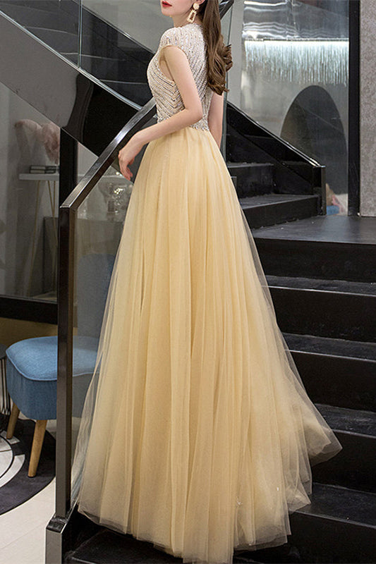 Glamorous Yellow Sequins Beadings Evening Dress With Long Ruffles High Collar Cap Sleeves
