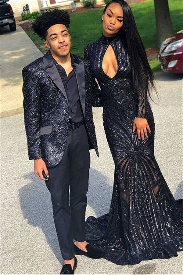 2 Pieces Black Sequins Marriage Blazer Suit with Peak Lapel On Sale
