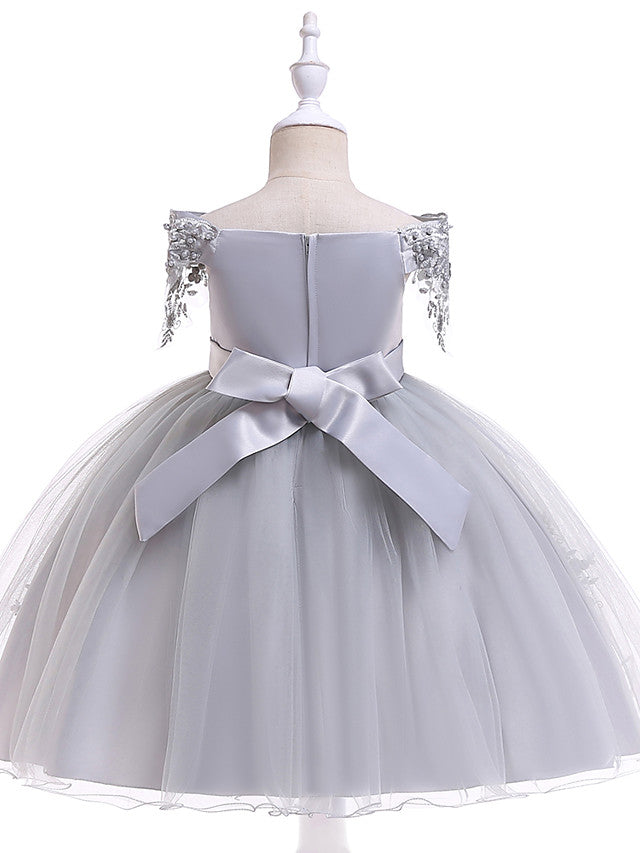 A-Line Short Sleeve Off Shoulder Flower Girl Dress with Petal Sash Ribbon Trim