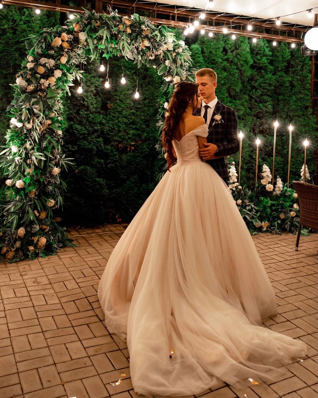 Beautiful Tulle A-line Long Wedding Dress with Off-the-shoulder and Chapel Train