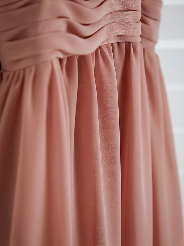 A-Line V Neck Flower Girl Dress with Pleats Ruching and Maxi Chiffon