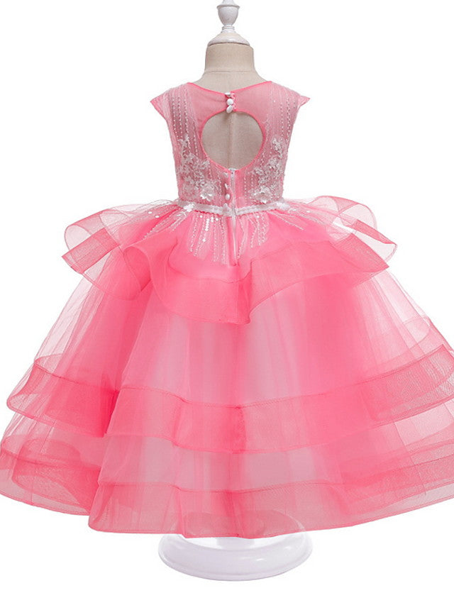 Princess Sleeveless Jewel Neck Flower Girl Dress - Polyester with Bow Embroidery