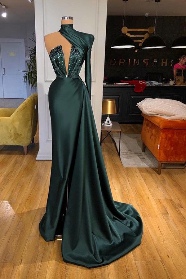 One Shoulder Long Prom Dress Dark Green with Sequins