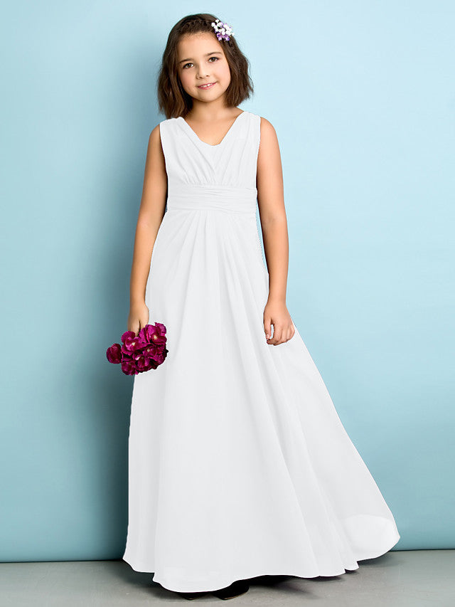 A-Line V Neck Chiffon Flower Girl Dress - Floor Length With Criss Cross Natural Mini Me