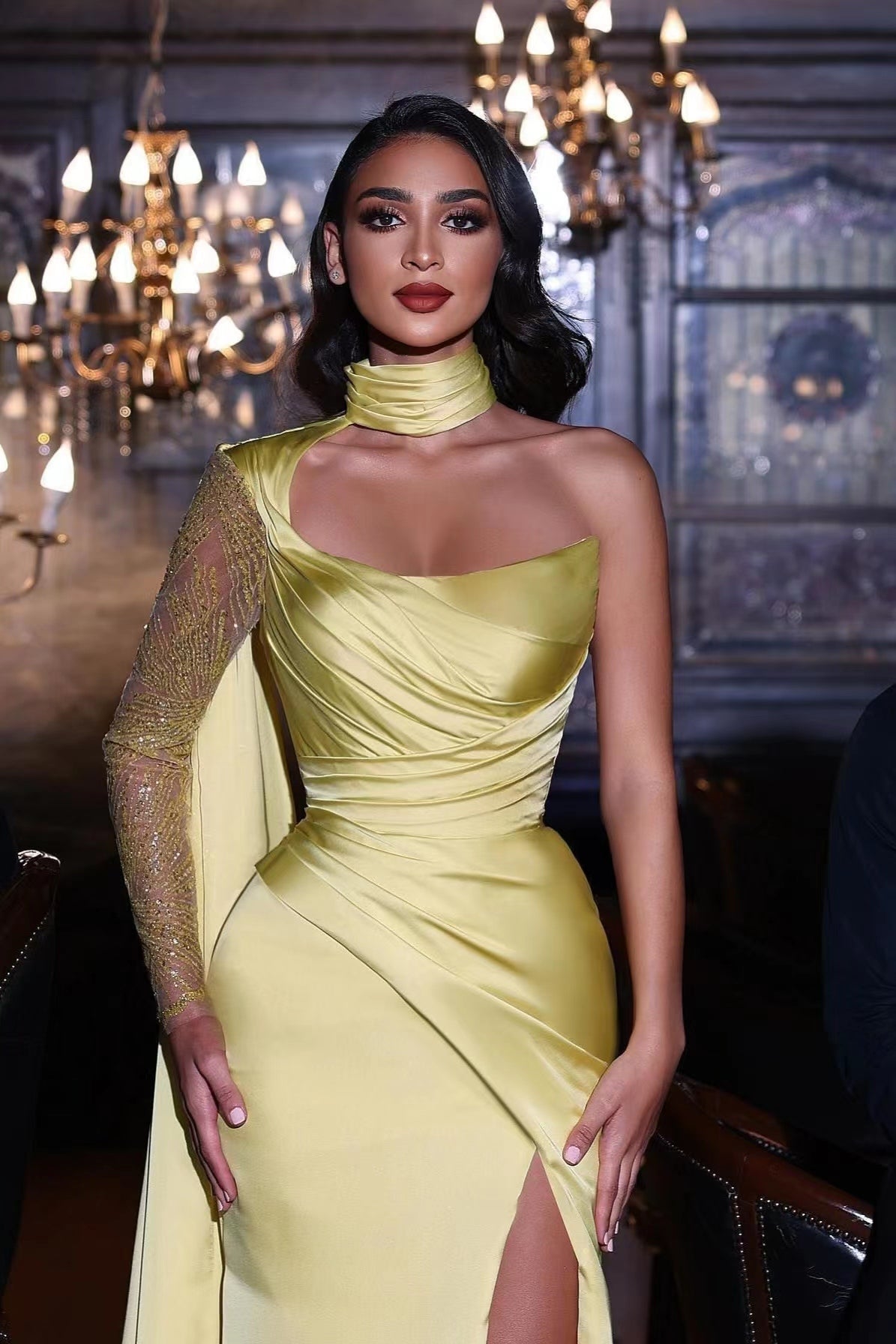 Stunning Yellow One Shoulder Mermaid Prom Dress with Split Sequins