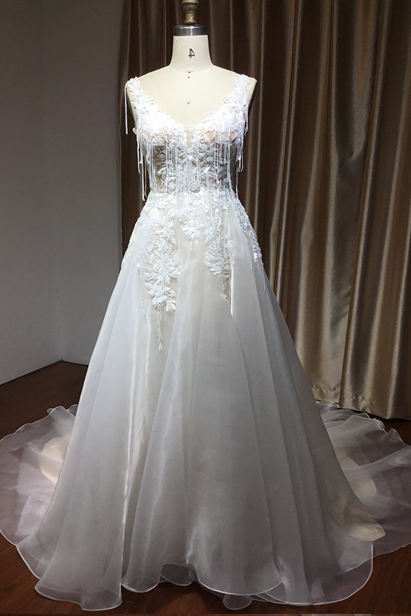 V-Neck Straps A-Line Backless Wedding Dress with Appliques