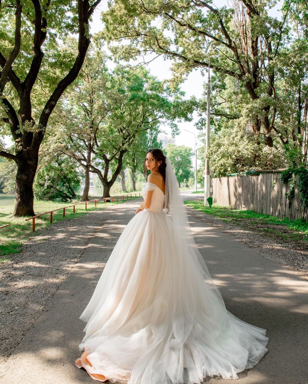 Beautiful Tulle A-line Long Wedding Dress with Off-the-shoulder and Chapel Train
