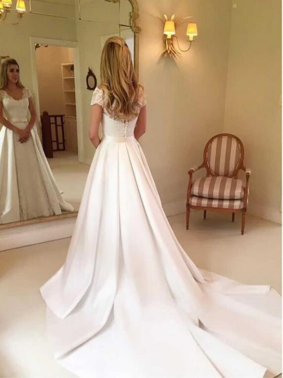 Elegant A-line Satin Brush Train Long Wedding Dress With Sleeves