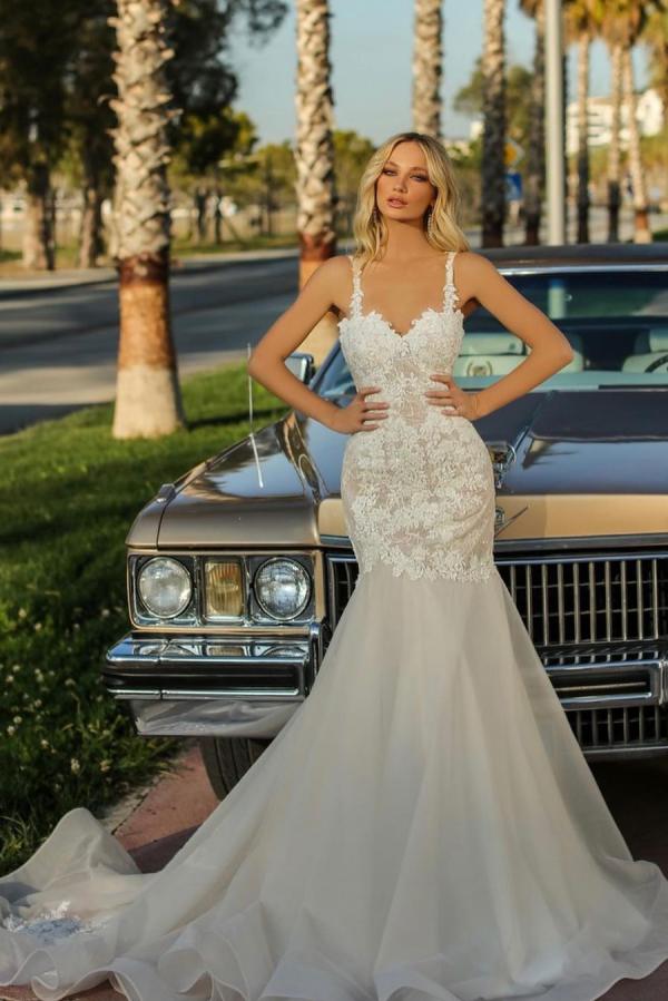 Long Mermaid Sweetheart Backless Wedding Dress with Tulle Lace