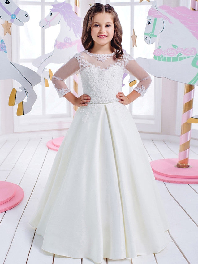 Princess 3/4 Length Sleeve Jewel Neck Flower Girl Dresses with Cotton Lace and Lace Appliques