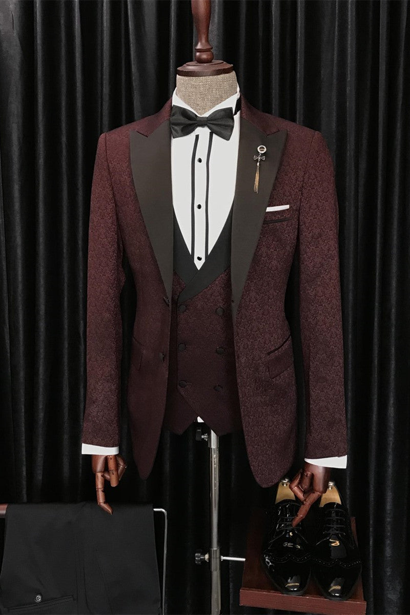 Modern Burgundy Three Pieces Jacquard Peaked Lapel Suit for Wedding by Barry