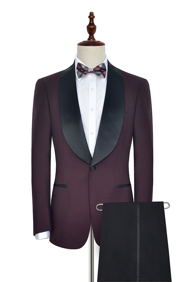 Luxury Black Shawl Collar One Button Burgundy Wedding Suit for Men