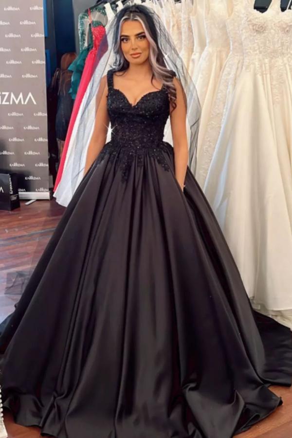 Ruffle Satin Ball Gown Wedding Dress with Wide Straps - Black Sweetheart