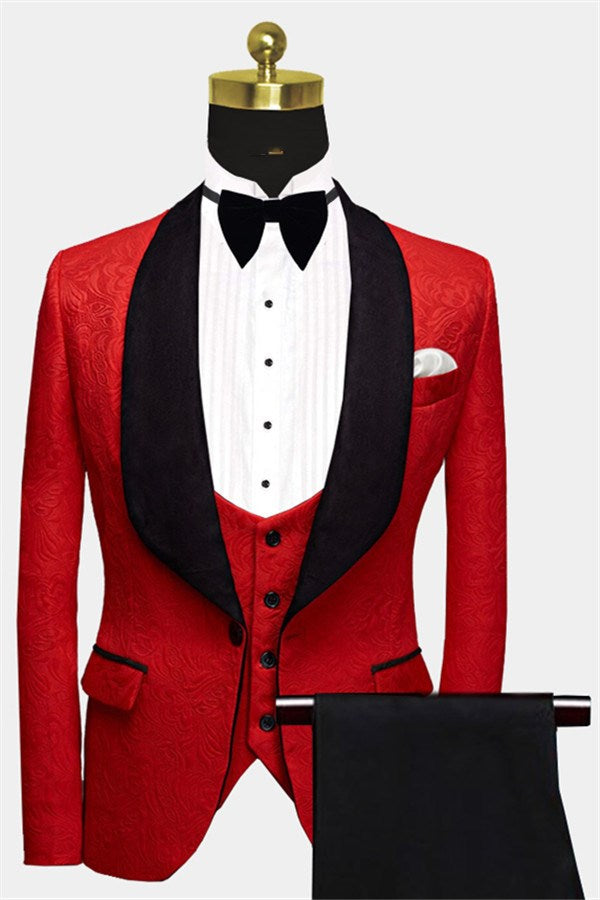 Prince Suit Three Piece Red Floral Tuxedo for Groom by Black Lapel