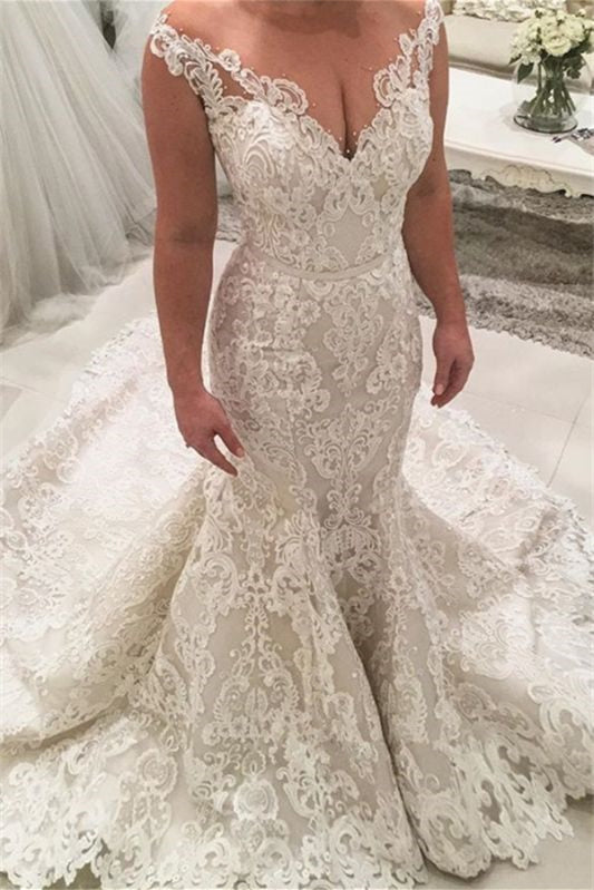 Elegant V-Neck Sleeveless Portrait Long Mermaid Lace Appliques Wedding Dress