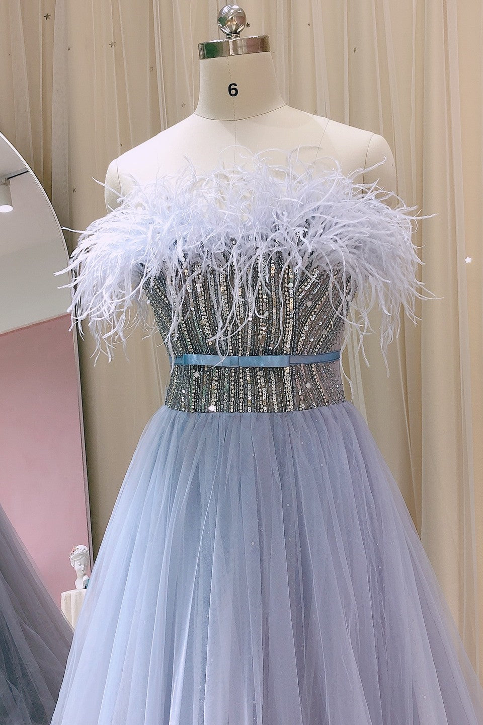 A Line Strapless Prom Dress with Tulle and Feathers Appliques - Amazing!