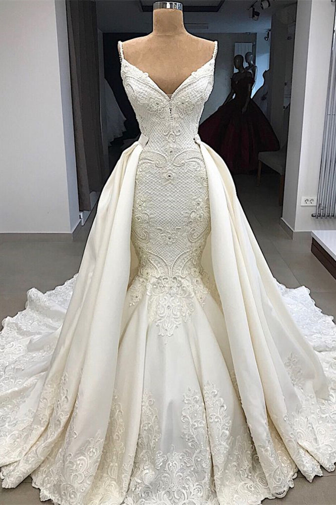 Mermaid Wedding Dress with Ruffles & Detachable Skirt Applique - Spaghetti-Strap