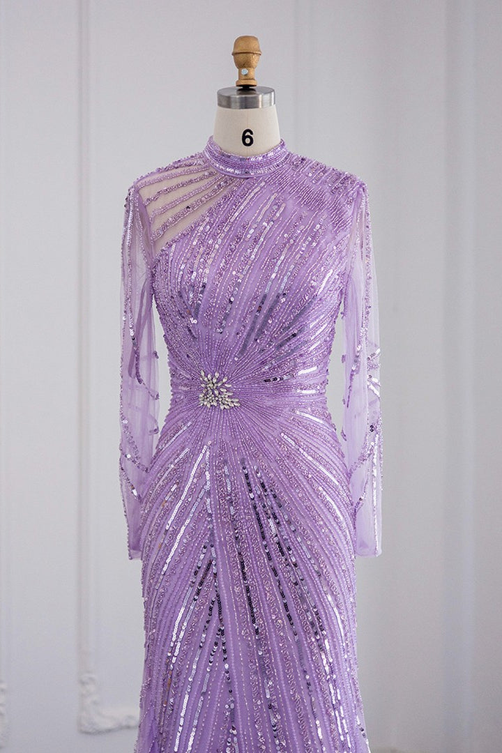 Violet High Neck Mermaid Evening Dress with Tulle Long Sleeves and Sparkle Appliques