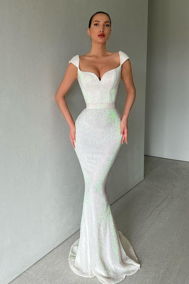 Cap Sleeves Long Mermaid Sequins Prom Dress