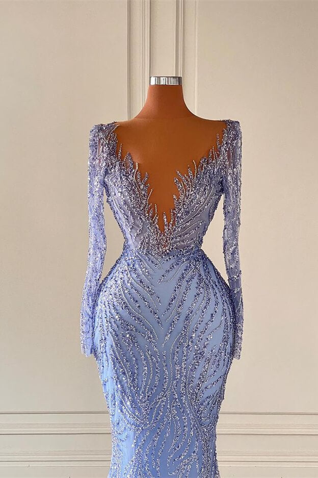 Elegant Long Sleeves V Neck Mermaid Evening Dress with Sequins Beadings
