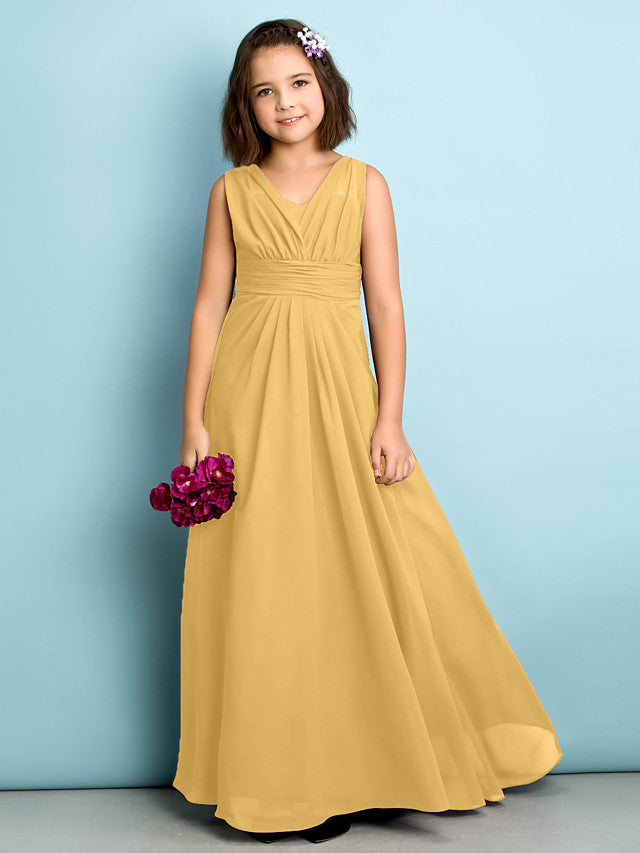 A-Line V Neck Chiffon Flower Girl Dress - Floor Length With Criss Cross Natural Mini Me