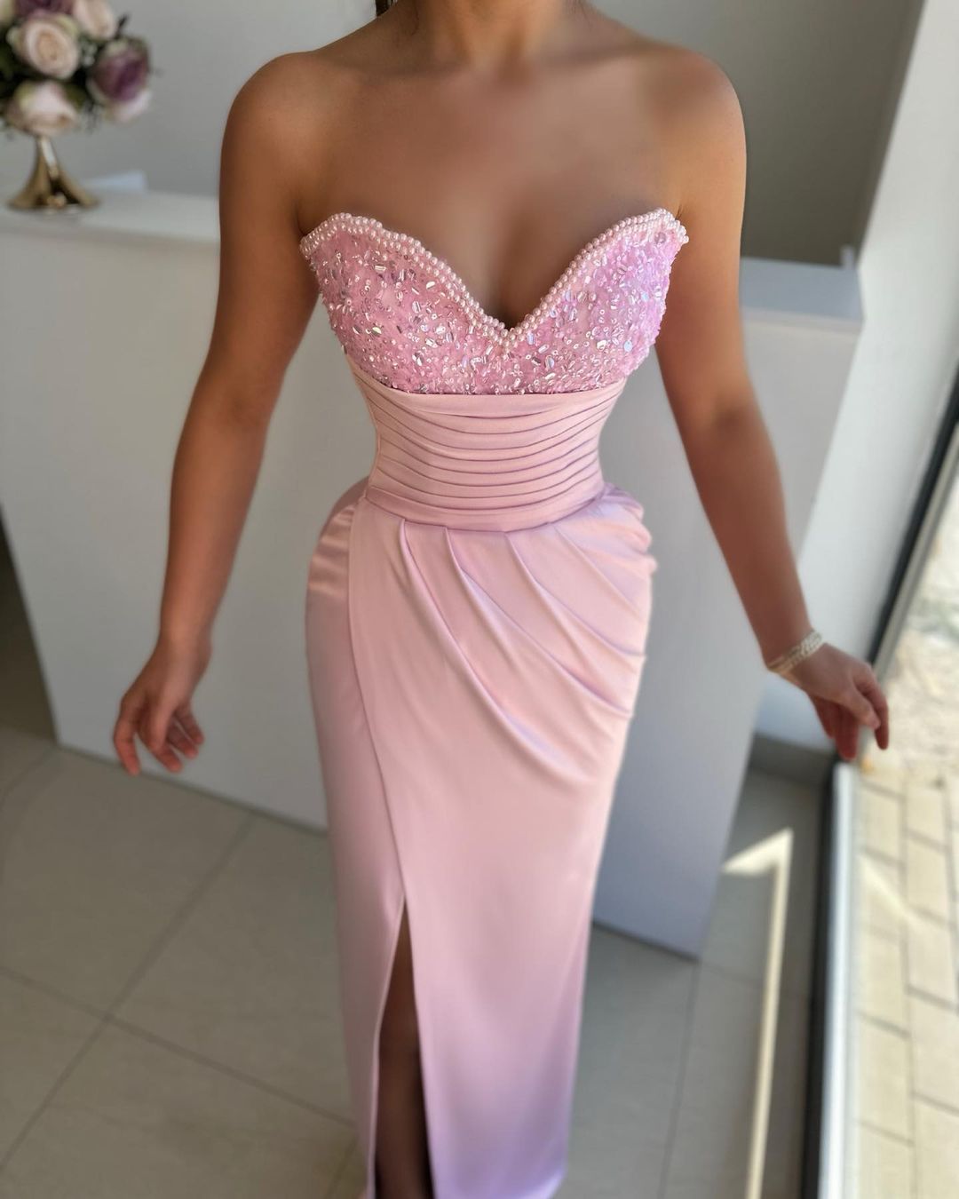 Light Blue Prom Dress with Beads - Sweetheart Split